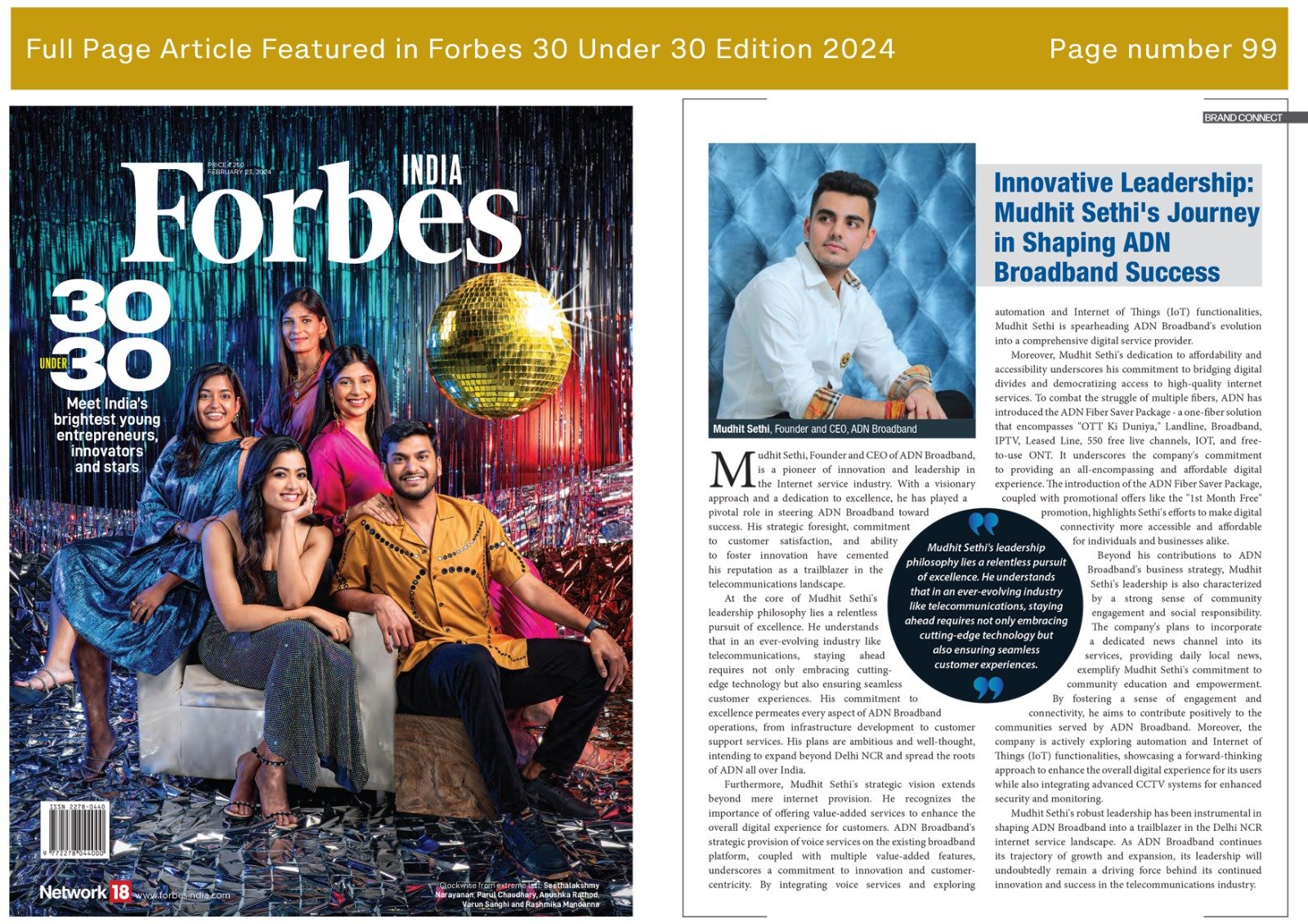 ADN Broadband CEO & Founder Mudhit Sethi Forbes Article 30 Under 30